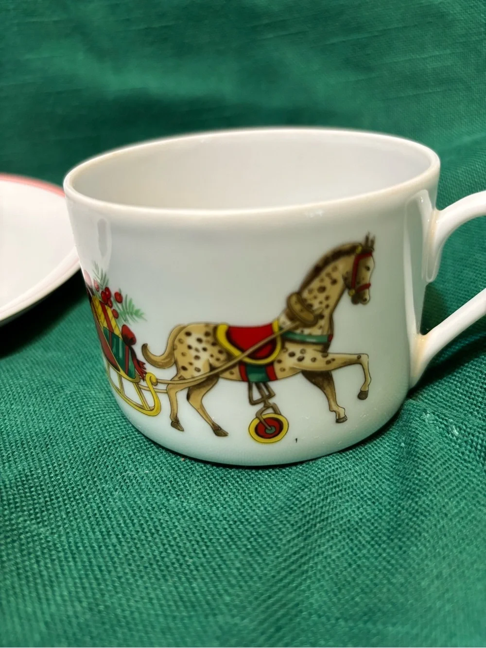 Vista Alegre Cup and Saucer with Holiday Horse Pulling Gifts Motif